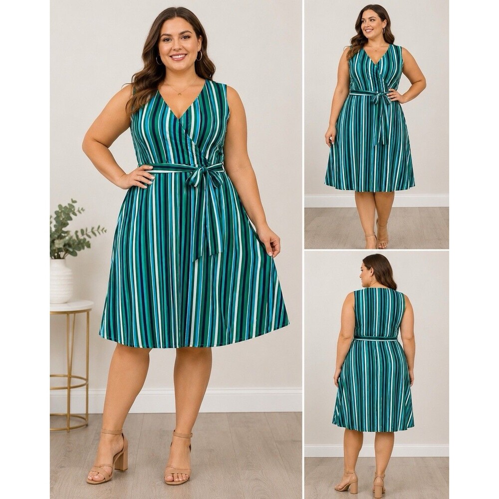 Julie Dillon New York Striped Faux Wrap Dress Belted Sleeveless Size 16W